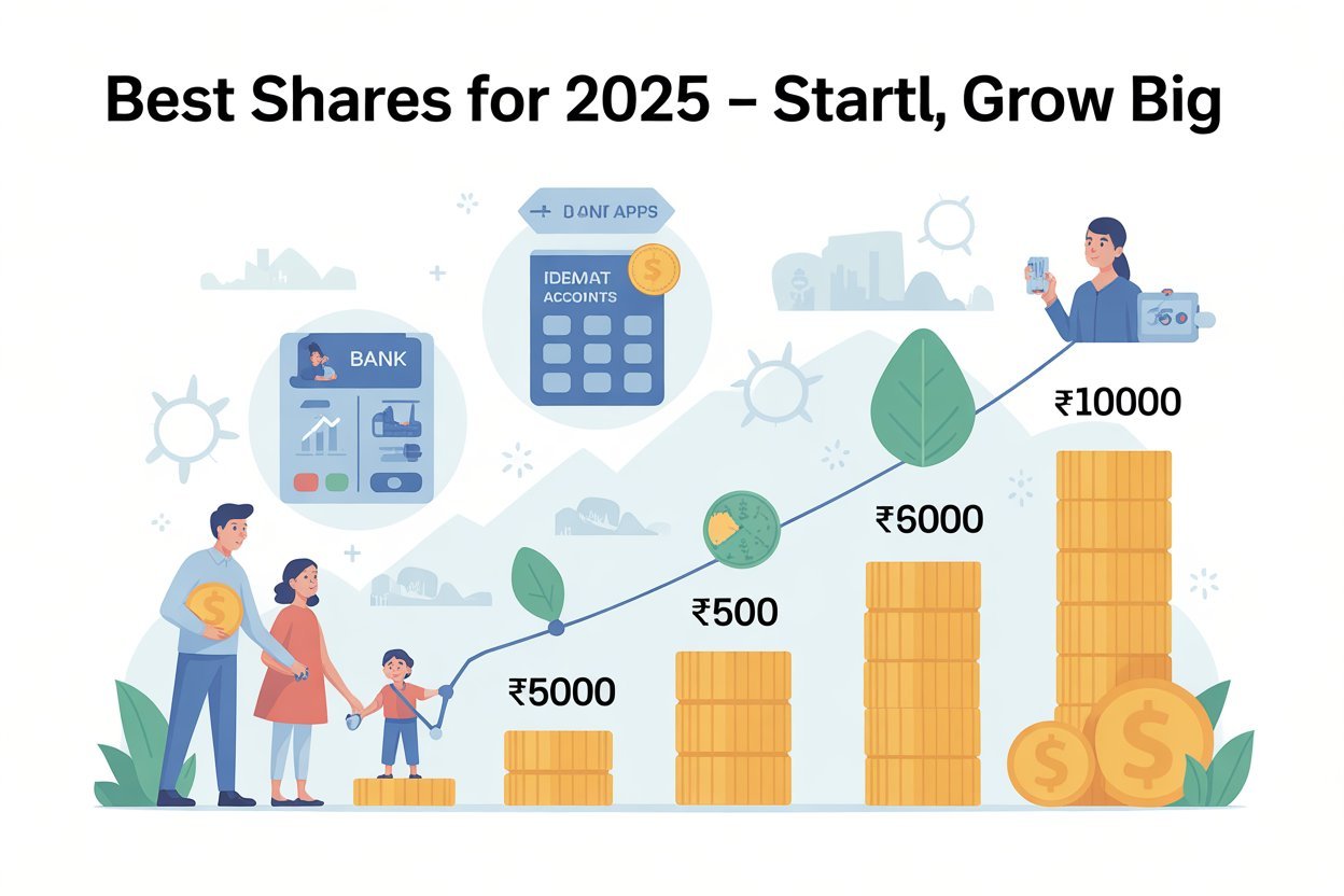 Family-friendly finance illustration showing middle-class investors starting small share investments with ₹500 to ₹10000. Family-friendly finance illustration showing middle-class investors starting small share investments with ₹500 to ₹10000.
