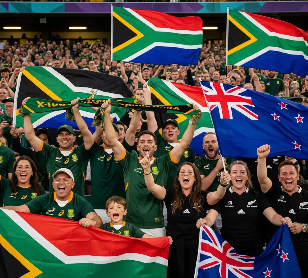 Fans & Flags – South African and New Zealand fans in colorful jerseys waving flags.