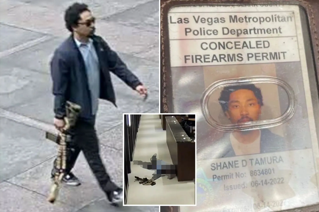 Composite photo including Shooter Shane Tamura’s ID and mugshot, shared in crime reporting. Composite photo including Shooter Shane Tamura’s ID and mugshot, shared in crime reporting.