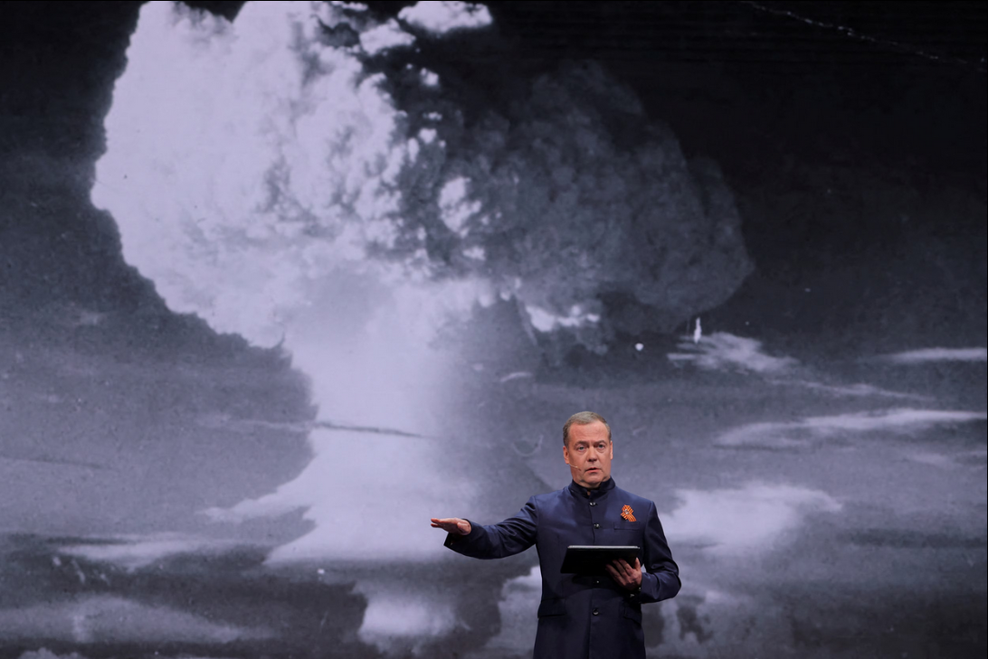 Medvedev delivering a decisive public address—capturing his stern demeanor during the controversy (Reuters). Dmitry Medvedev addressing media amid global tension over Trump ultimatum.