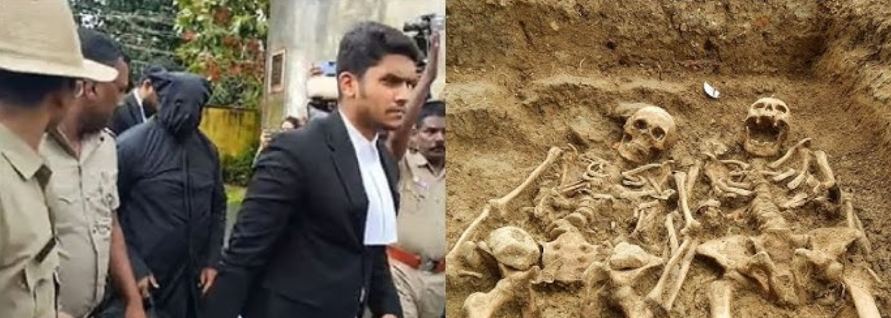 Partially exposed skeletal remains found at site 6 in Dharmasthala mass burial probe. Partially exposed skeletal remains found at site 6 in Dharmasthala mass burial probe.
