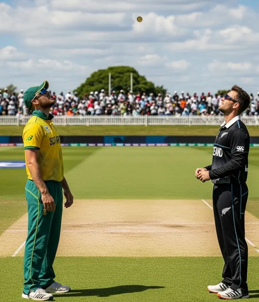 Toss Moment – Captains Rassie van der Dussen and Mitchell Santner at the toss in Harare.