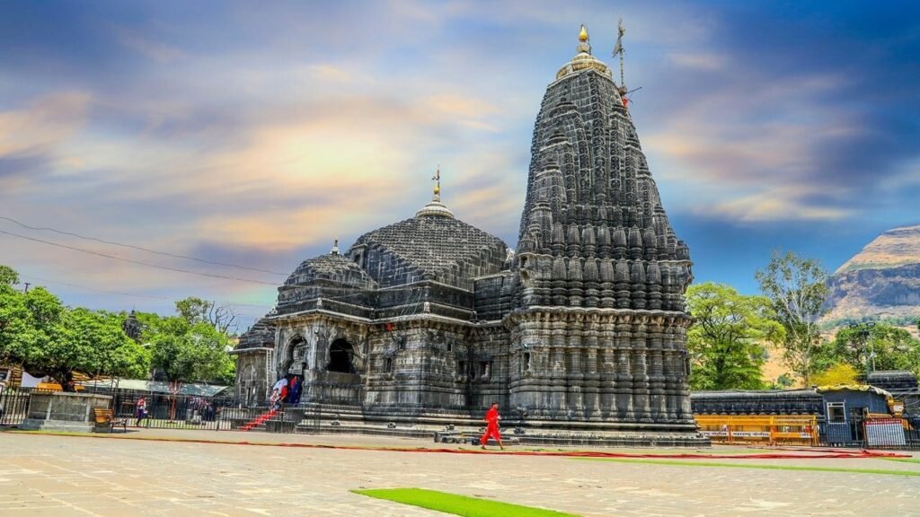Close-up of Trimbakeshwar Jyotirlinga temple’s iconic tower, symbolizing sacred heritage.