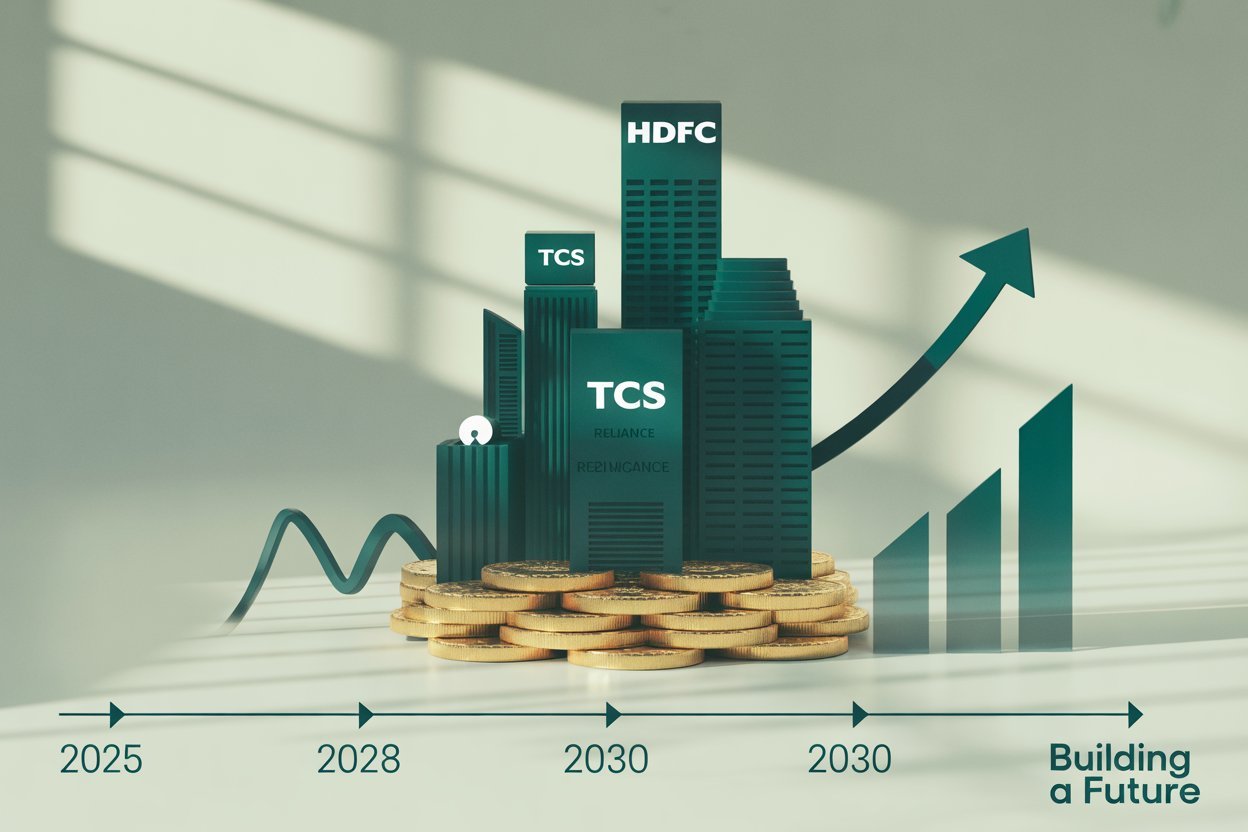 Chart showing projected returns from 2025 to 2030 for top stocks like Bajaj Finance, Reliance, and ITC. Chart showing projected returns from 2025 to 2030 for top 5 best shares like Bajaj Finance, Reliance, and ITC.