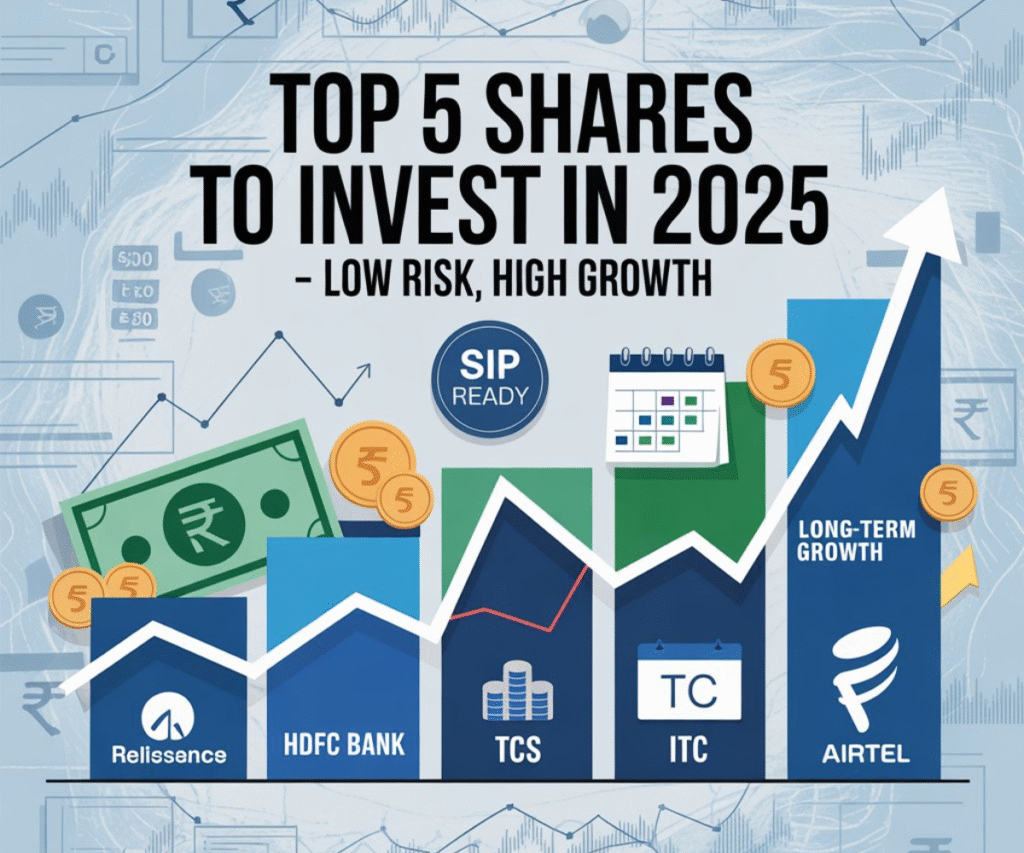 Infographic showing top 5 best shares to invest in 2025 including Reliance, HDFC Bank, TCS, ITC, and Airtel with upward stock graphs and rupee icons.