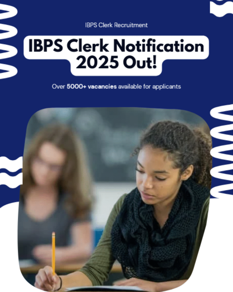 IBPS Clerk Recruitment 2025 official notification banner with vacancy details and apply link