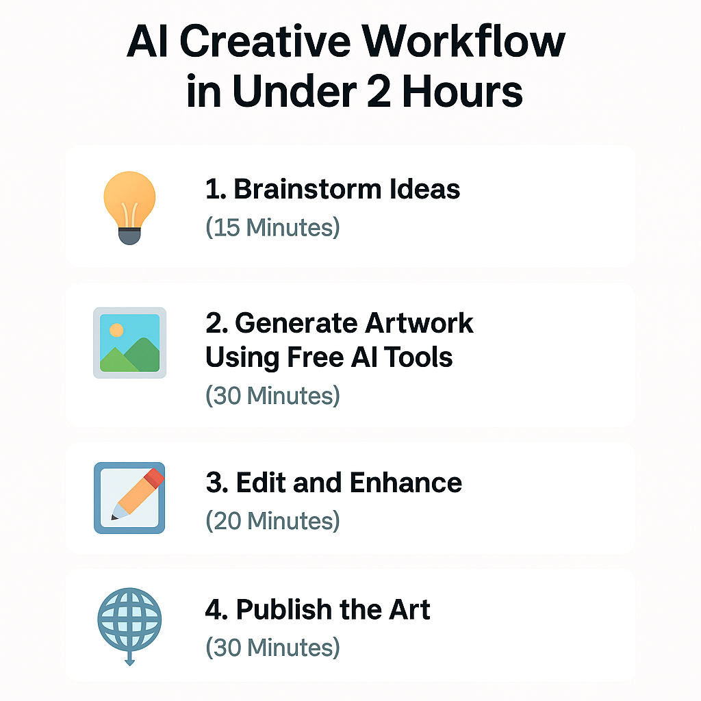 Create Art Fast with Free AI Digital Art Tools Daily A four-step visual guide showing how to create and publish digital art using free AI tools, featuring icons like a paintbrush, clock, AI chip, and a website symbol.