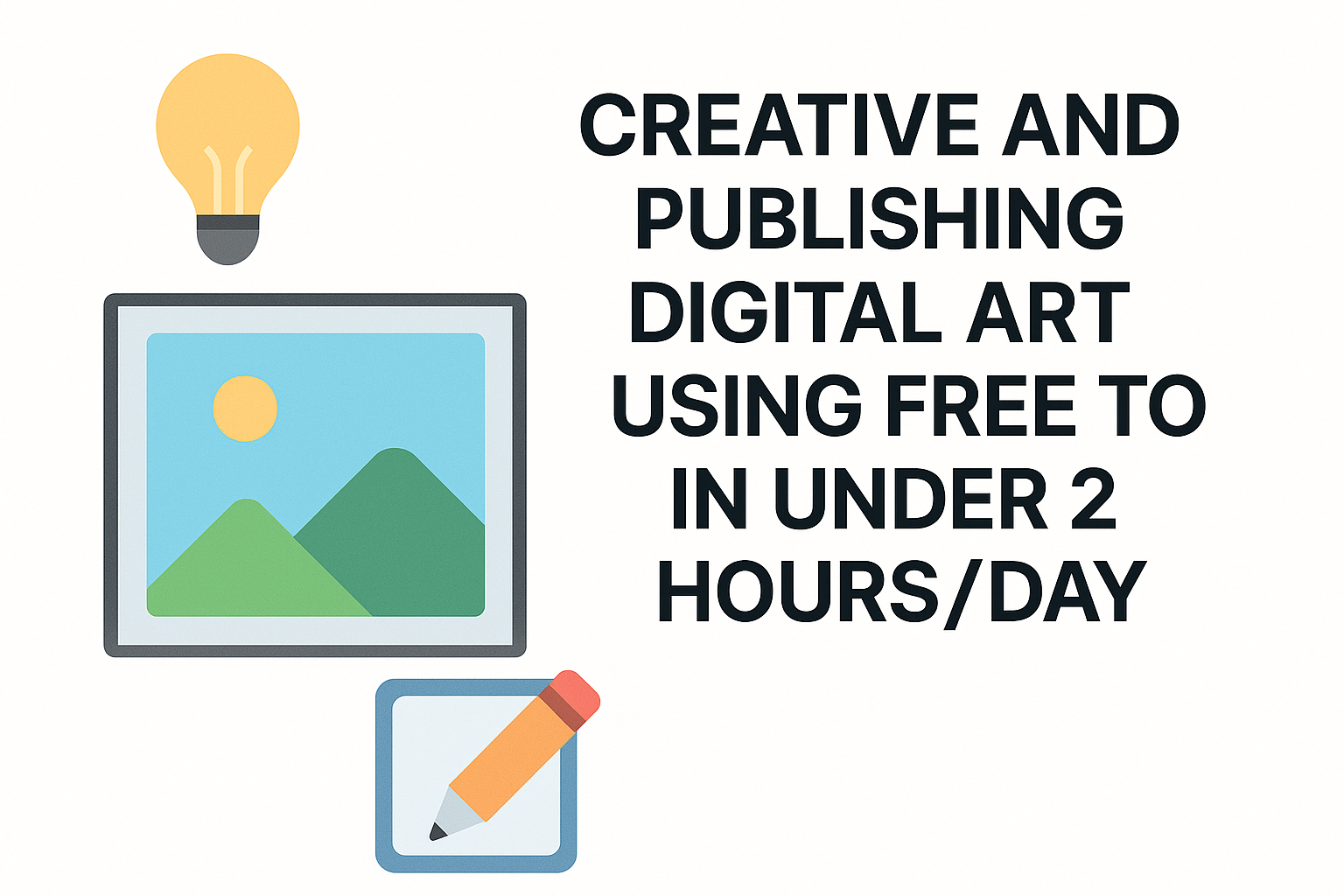 Creative and publishing digital art using free AI digital art tools in under 2 hours/day – bold black text on a beige background with minimalist icons of a pencil, image, and lightbulb.