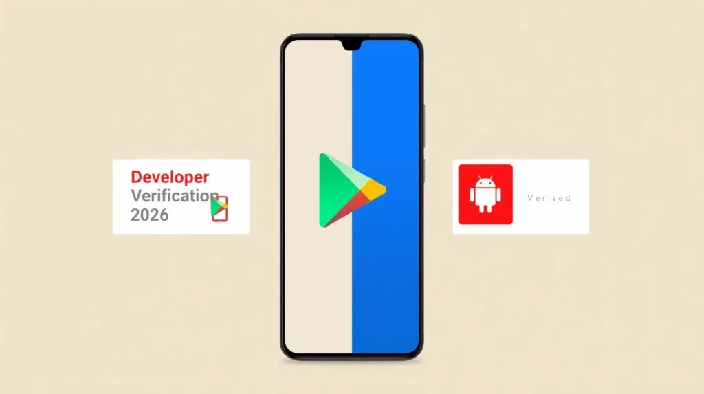 Android phone with security shield showing Google’s 2026 developer verification for sideloaded Android apps policy.