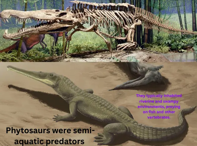 Phytosaurs were semi-aquatic predators that looked like crocodiles—long, toothed snouts; armored bodies; and river-wetland habits—but they are not crocodiles and are only convergently similar. Phytosaurs were semi-aquatic predators that looked like crocodiles—long, toothed snouts; armored bodies; and river-wetland habits—but they are not crocodiles and are only convergently similar.