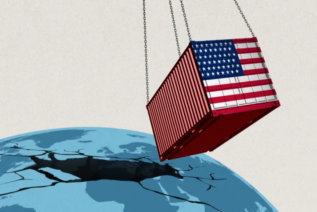 Cargo container with U.S. flag smashing global map symbolizing tariff blowback Cargo container with U.S. flag smashing global map symbolizing tariff blowback
