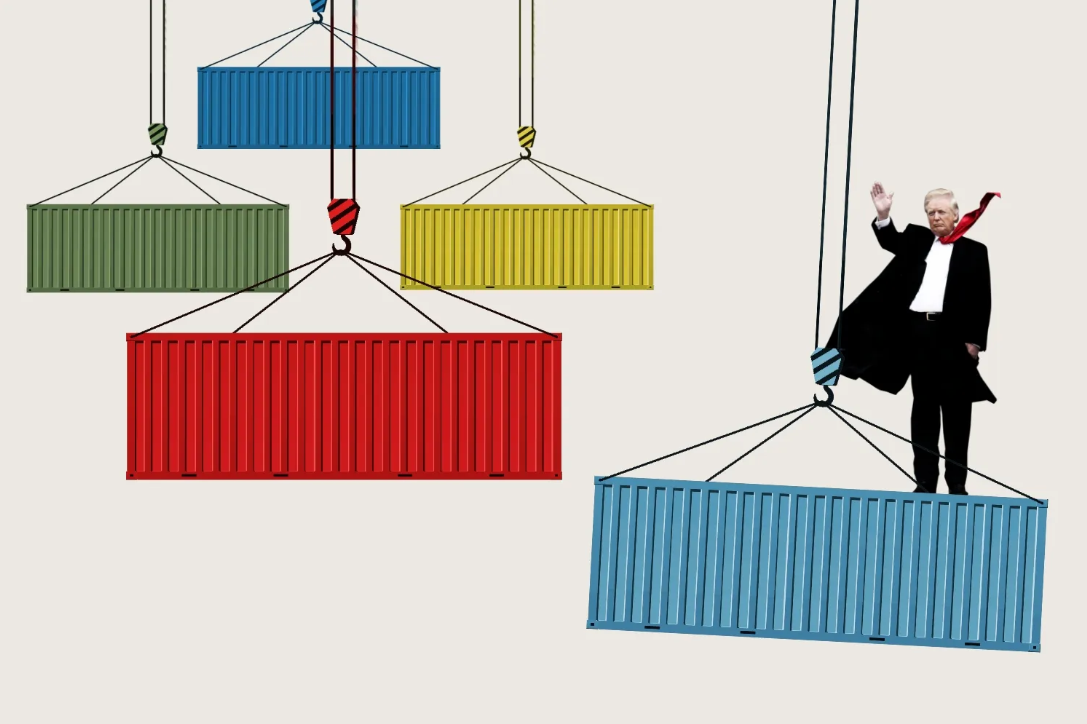 Caricature of Trump atop cargo containers representing trade disruption Caricature of Trump atop cargo containers representing trade disruption