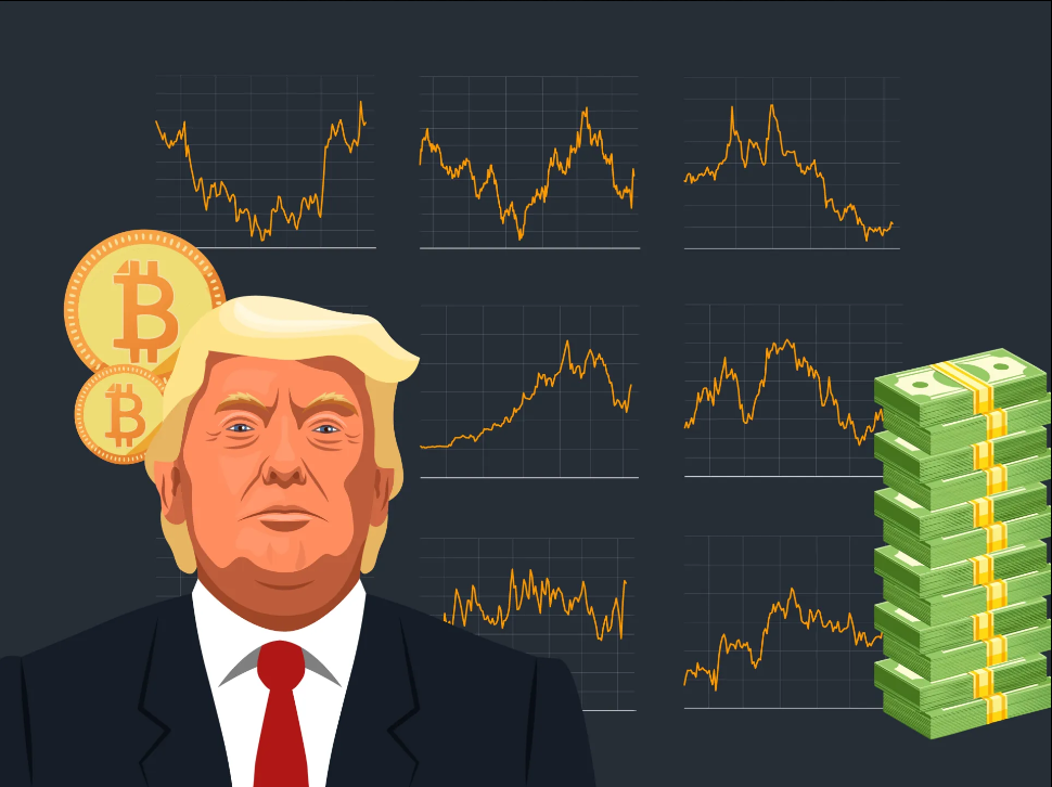 Stock market volatility graphic, chart lines behind Trump silhouette after tariff announcement Stock market volatility graphic, chart lines behind Trump silhouette after tariff announcement