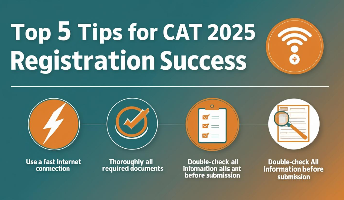 CAT 2025 Registration tips poster showing preparation and submission tips for applicants CAT 2025 Registration tips poster showing preparation and submission tips for applicants