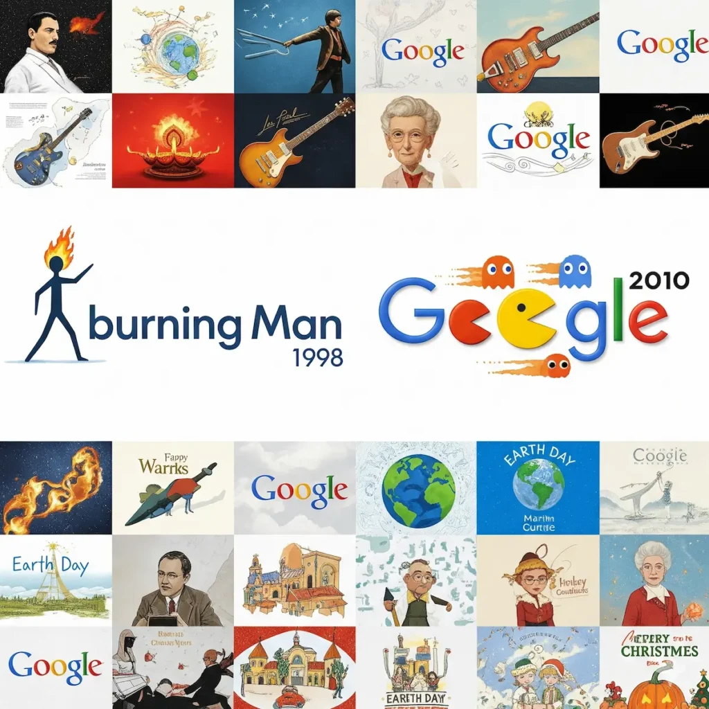 A collage of iconic Google Doodles (e.g., Burning Man 1998, Pac-Man 2010).