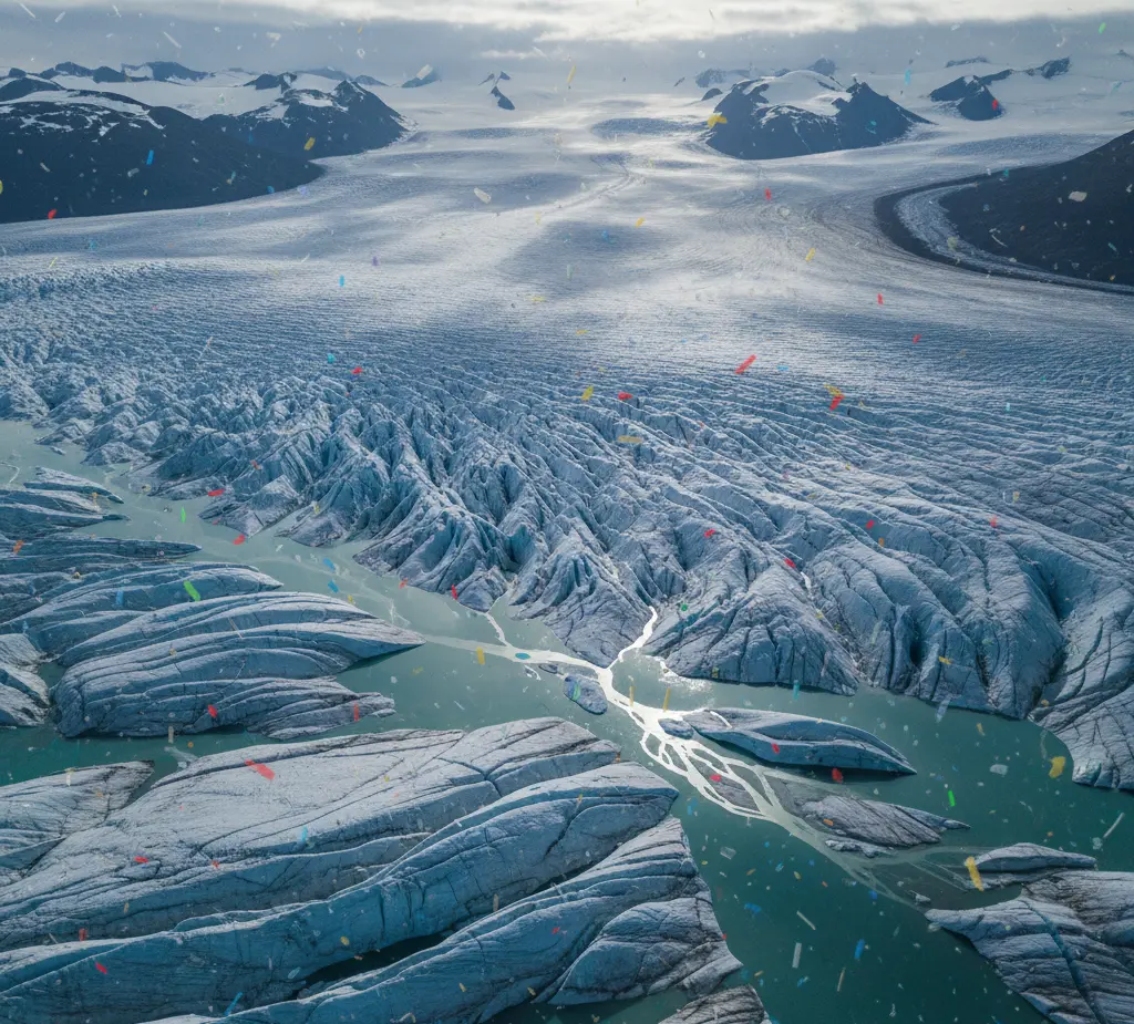 Glacier with microplastic particles overlay showing pollution in remote areas