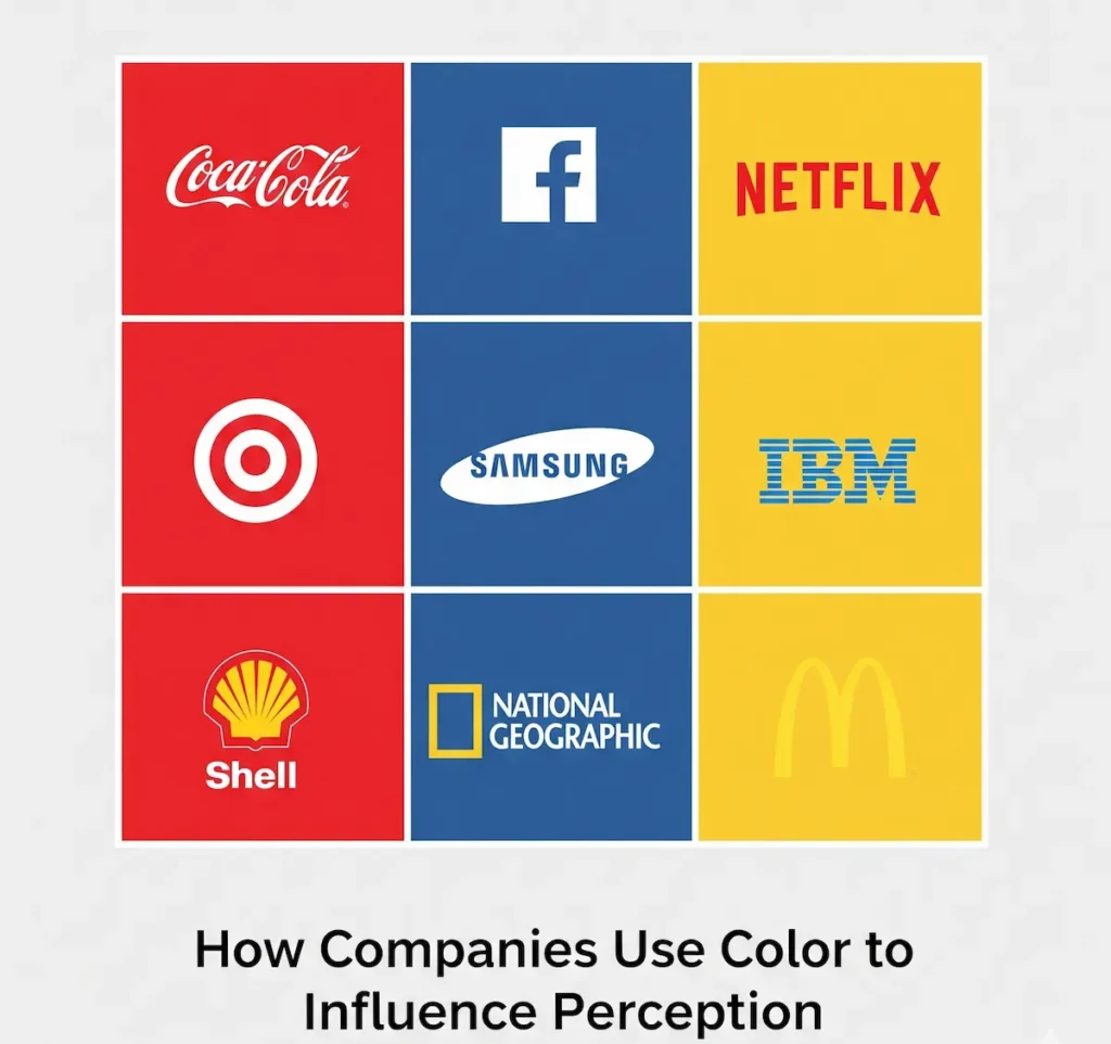 A grid of famous brand logos organized by their primary color.Demonstrates how companies use color to influence perception.