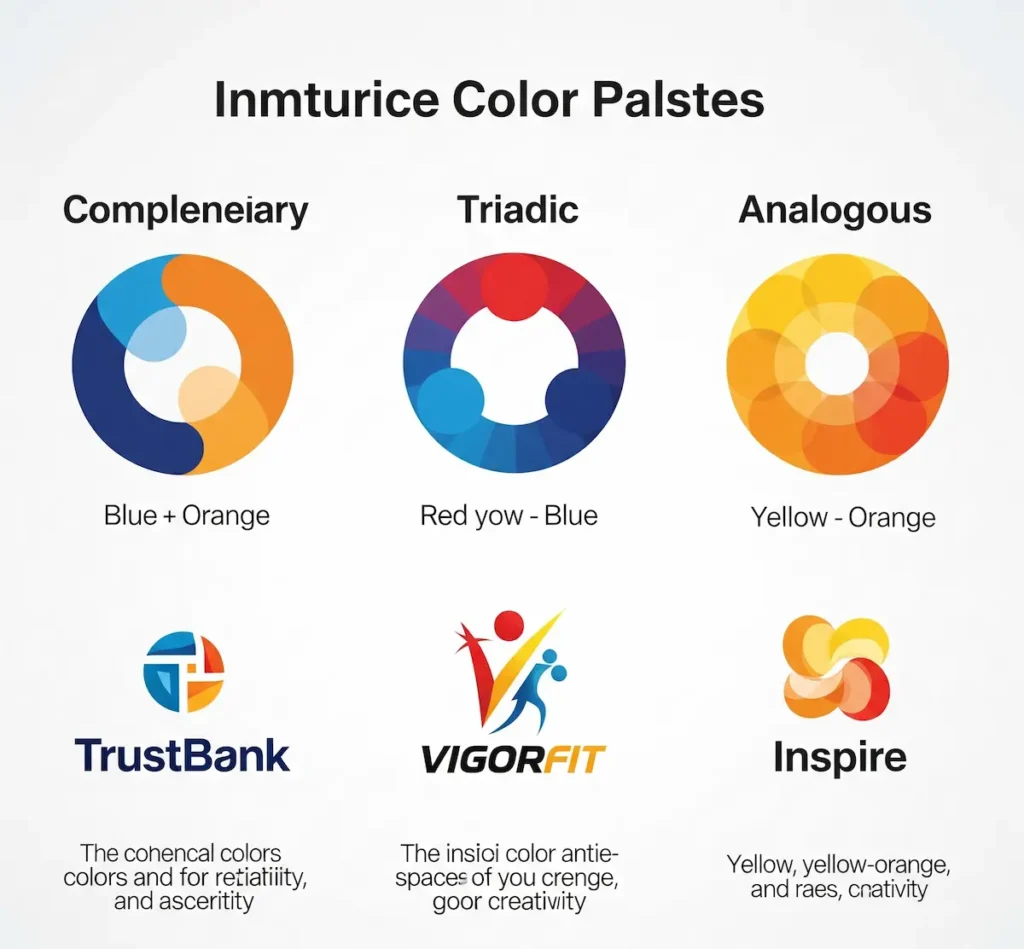 Visual examples of color combinations (analogous, complementary, triadic) used in brand design.Show how palettes reinforce brand identity.
