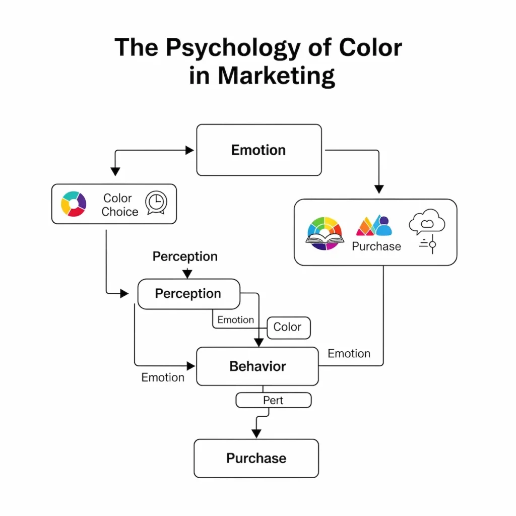 Color Psychology in Marketing FlowchartA step-by-step diagram showing how color choice influences emotion → perception → behavior → purchase.