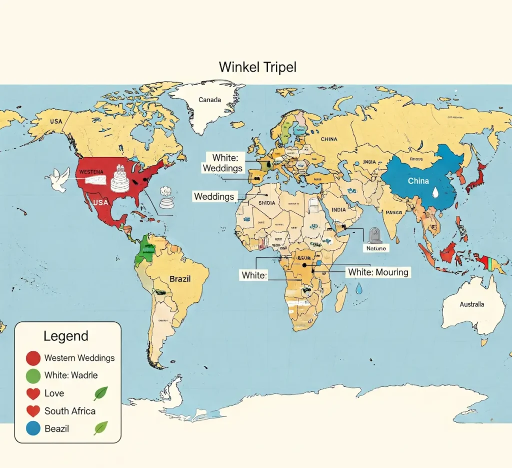 World map highlighting how the meaning of colors varies across countries.Example: white for weddings in the West, white for mourning in some Eastern cultures.