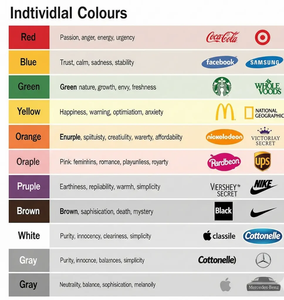 Color Psychology in Branding: A visual chart showing each color (red, blue, green, yellow, etc.) with their emotional and psychological associations. Include brand examples next to each color.