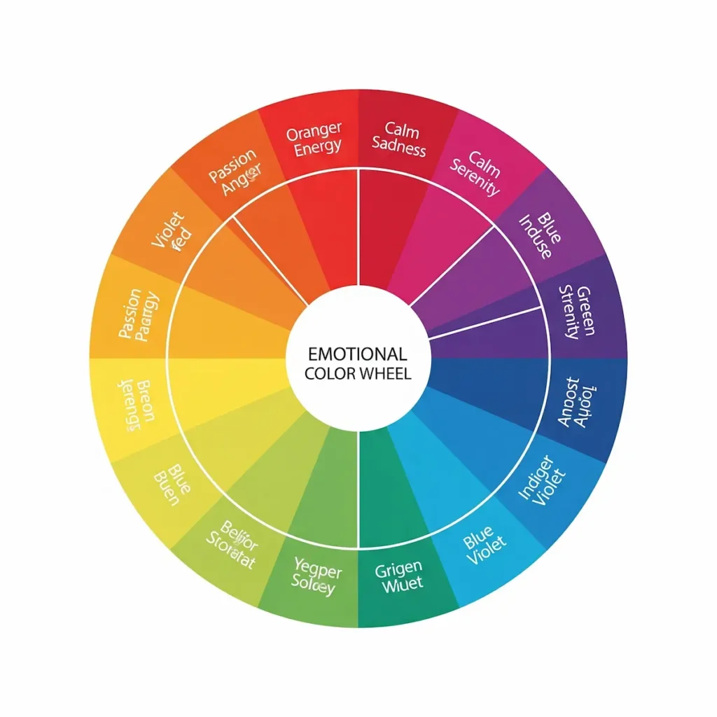 A circular diagram mapping colors to emotions and psychological effects.Helps readers quickly understand color impact at a glance.