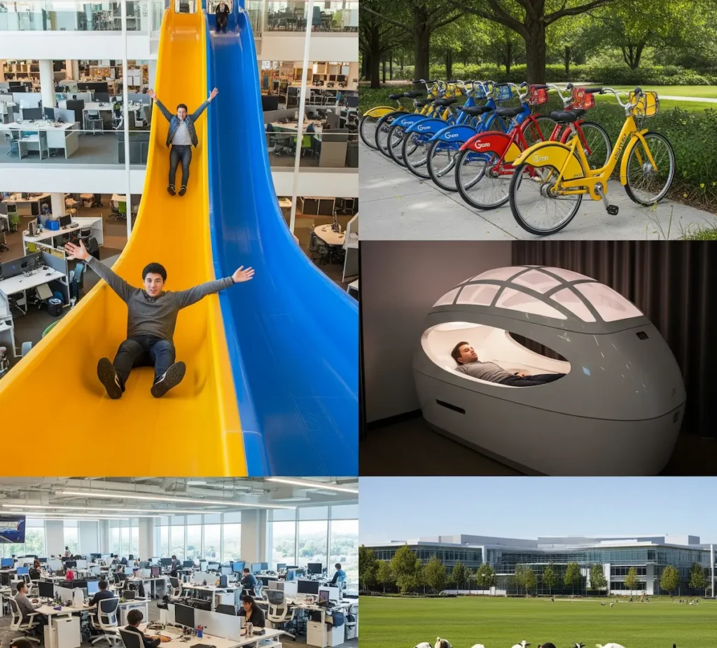 Fun shots from Googleplex: slides, colorful bikes, nap pods, and open office spaces.