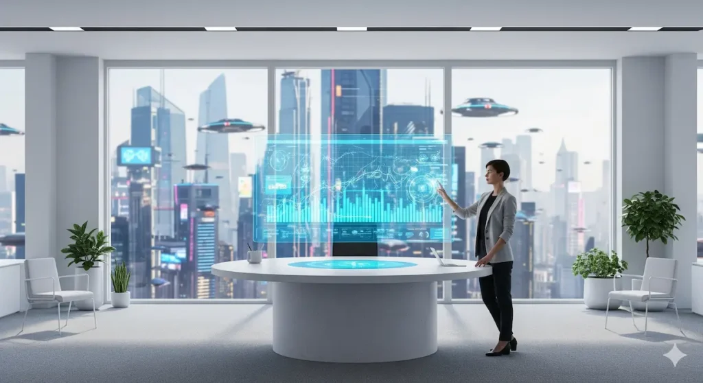 The Ultimate Guide to Ideogram AI: A woman in a futuristic office interacts with a holographic data chart, with a cityscape and flying vehicles visible through the window.