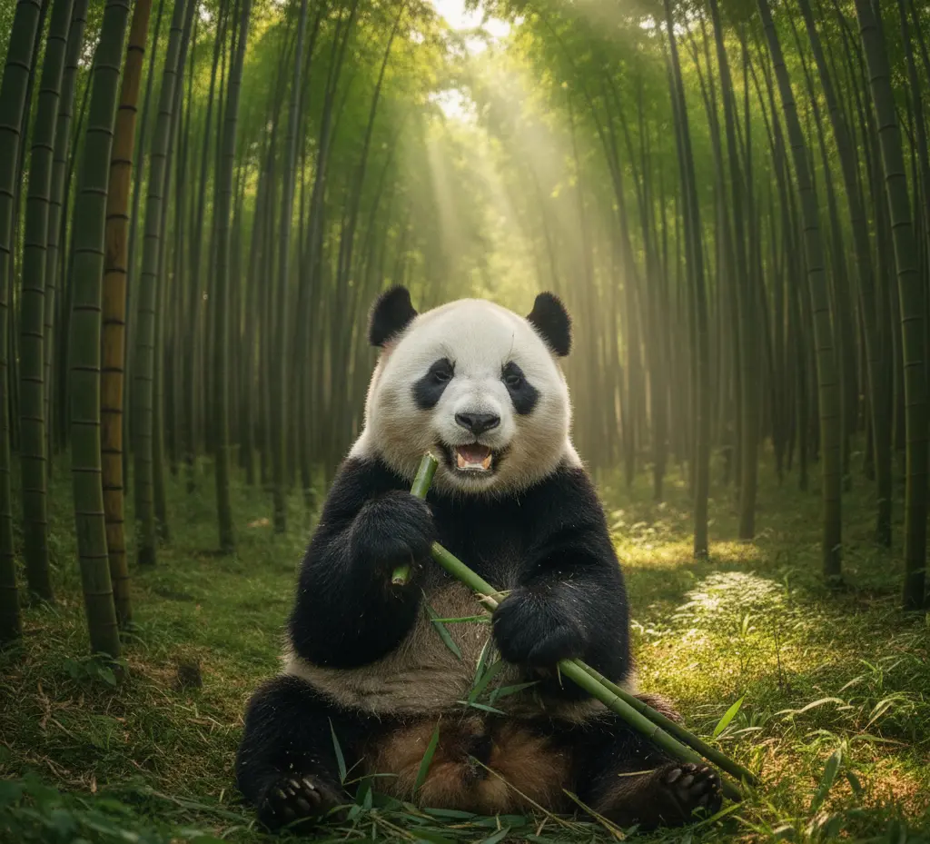 Giant panda enjoying bamboo as part of World Bamboo Day awareness.