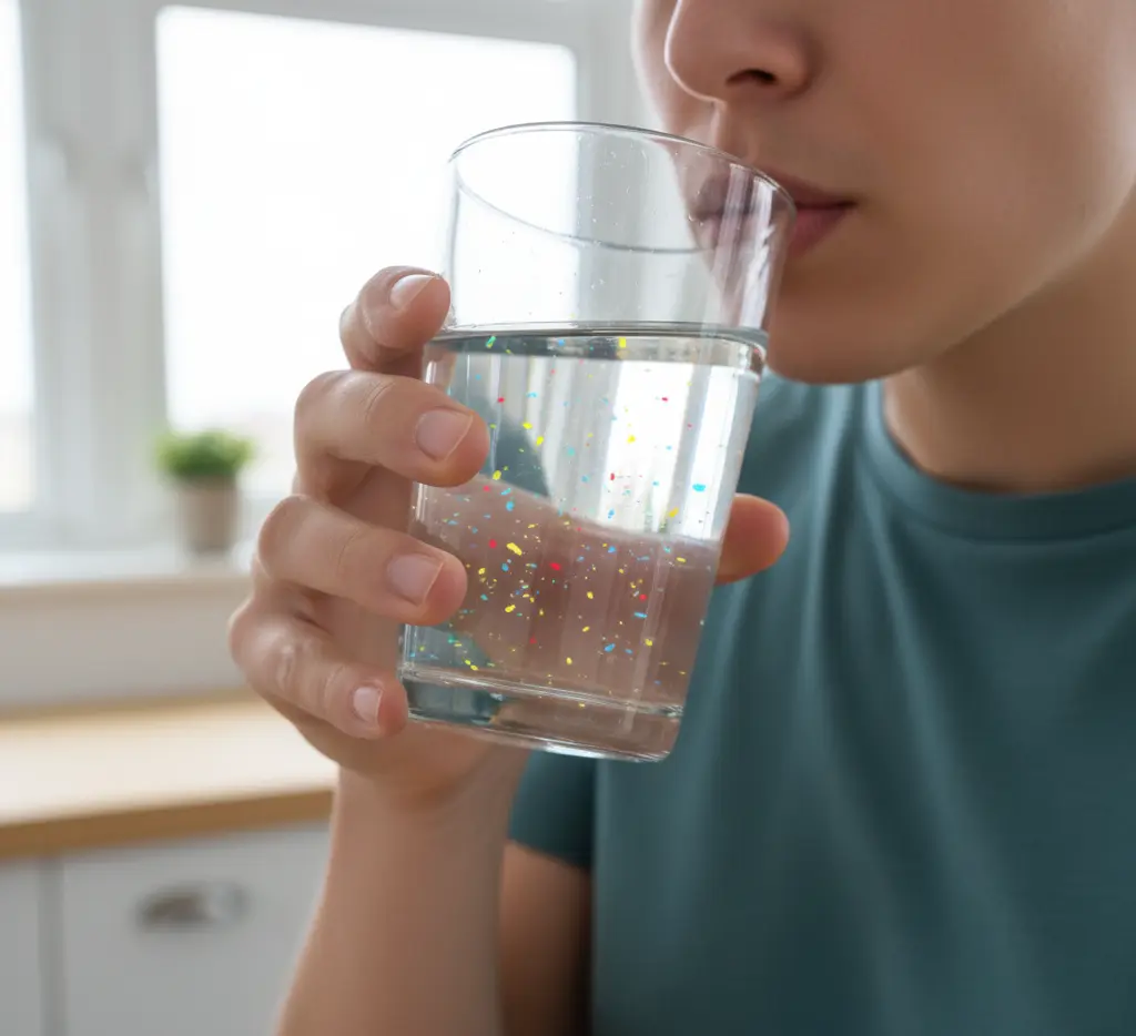Child drinking water contaminated with microplastic particles.