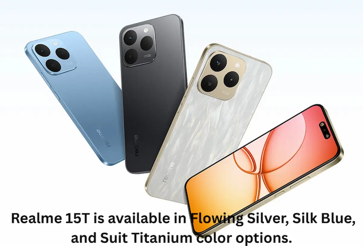 The Realme 15T is available in Flowing Silver, Silk Blue, and Suit Titanium color options. The Realme 15T is available in Flowing Silver, Silk Blue, and Suit Titanium color options.