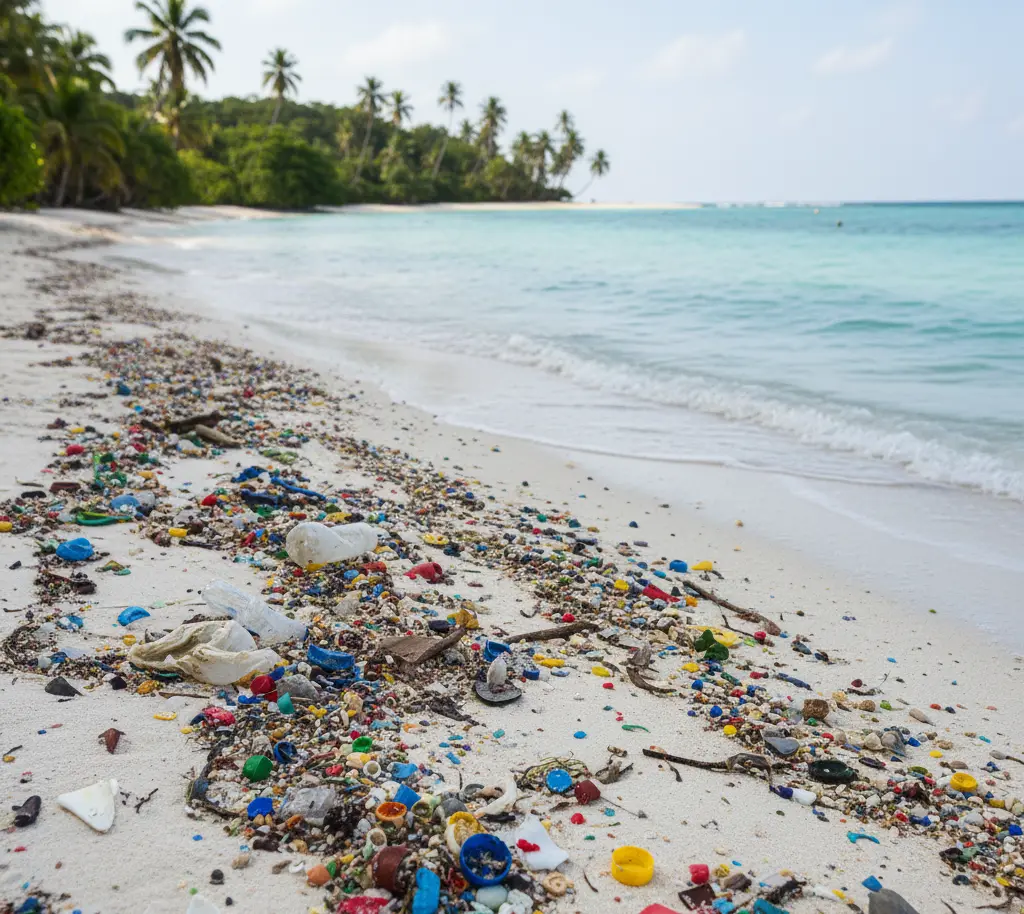 Remote island beach with plastic fragments mixed in sand.