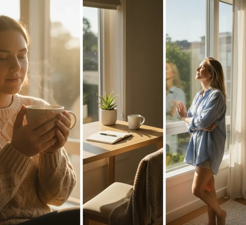A cozy morning tea ritual representing micro-joys in daily life. Bright workspace with plants and sunlight showing micro-joys in a simple environment.