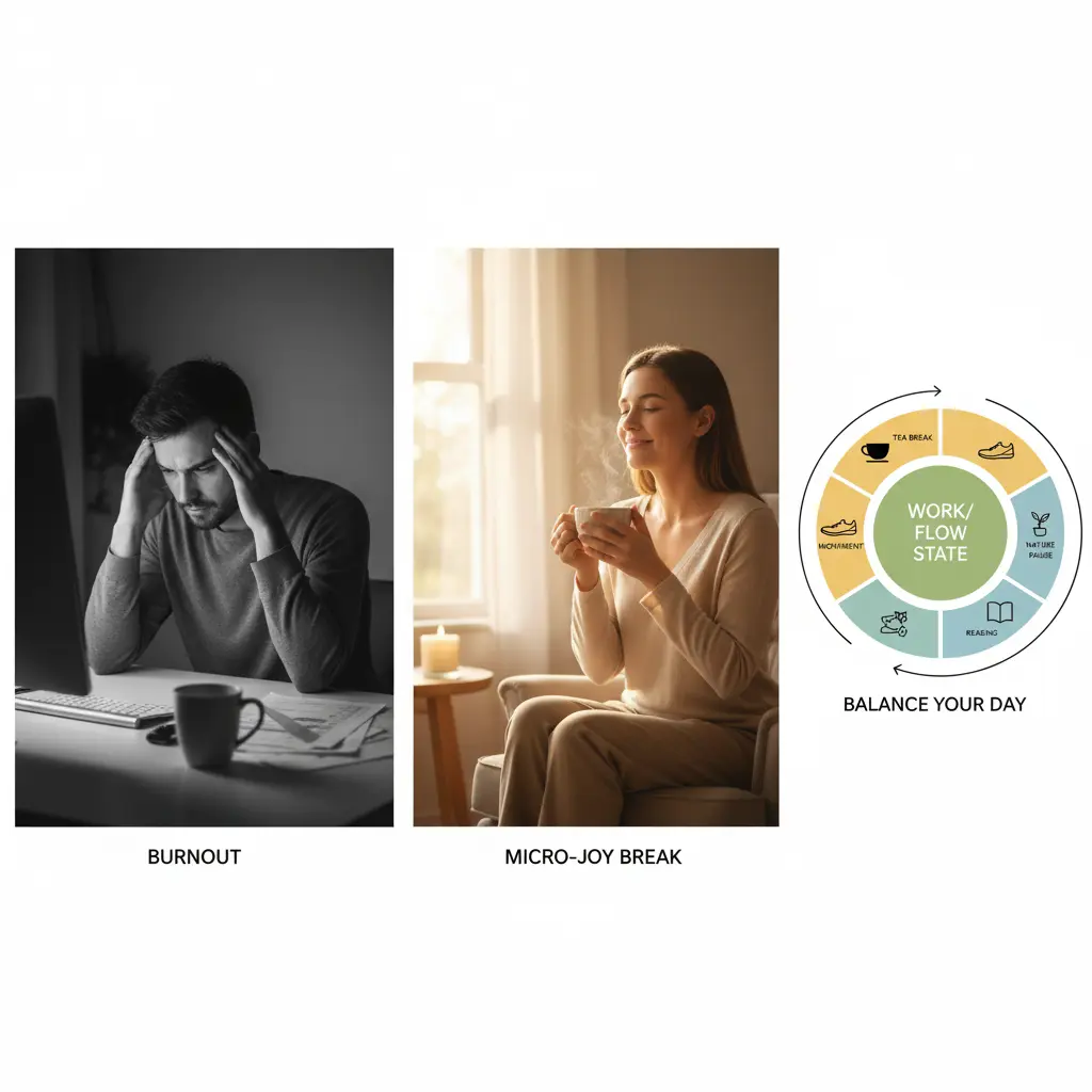 Comparison of stress vs calmness showing how micro-joys improve productivity.Clock with scheduled breaks highlighting the role of micro-joys in balance.