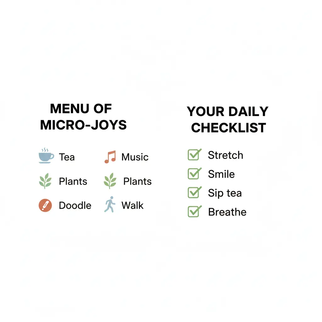 Checklist with tea, music, and stretching as daily micro-joys activities.Infographic showing different micro-joys like doodling, walking, and listening to music.