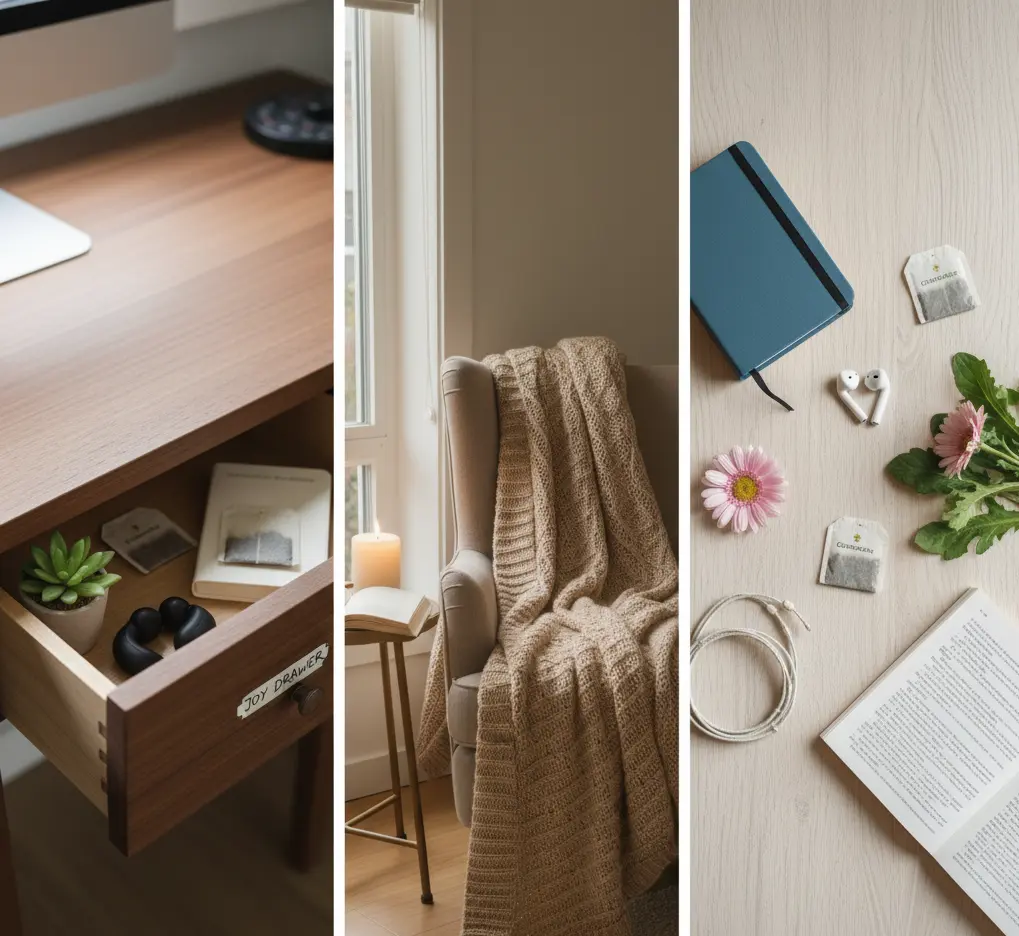 Desk with plants, tea, and personal items designed for micro-joys at work.Home corner with blanket and candle showing how to create micro-joys in your space.Flat lay of tea, flowers, and notebook as tools for daily micro-joys.