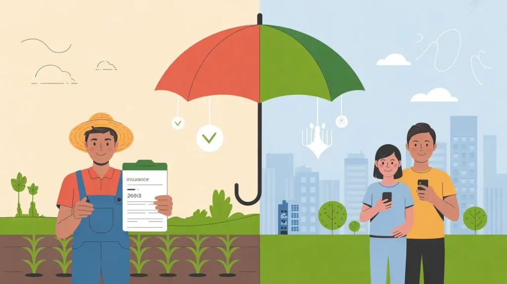 Farmer under crop insurance scheme holding insurance document.Urban family with health insurance card or digital policy on phone.