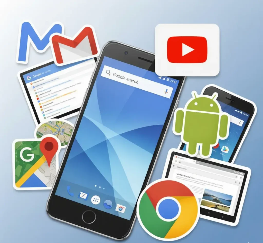 Logos or screenshots of Gmail, YouTube, Android, Google Maps, and Chrome.
A smartphone with “Google Search” open, symbolizing everyday use.