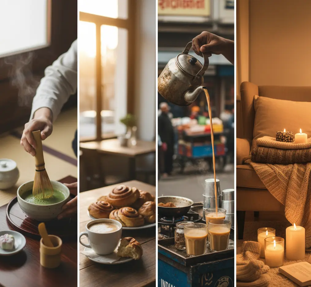 Japanese tea ceremony symbolizing cultural micro-joys through mindfulness rituals.Swedish fika with coffee and pastries as a cultural example of micro-joys.Indian street chai showing social connection as a form of micro-joys.Danish hygge setup with candles and blankets illustrating cozy micro-joys.