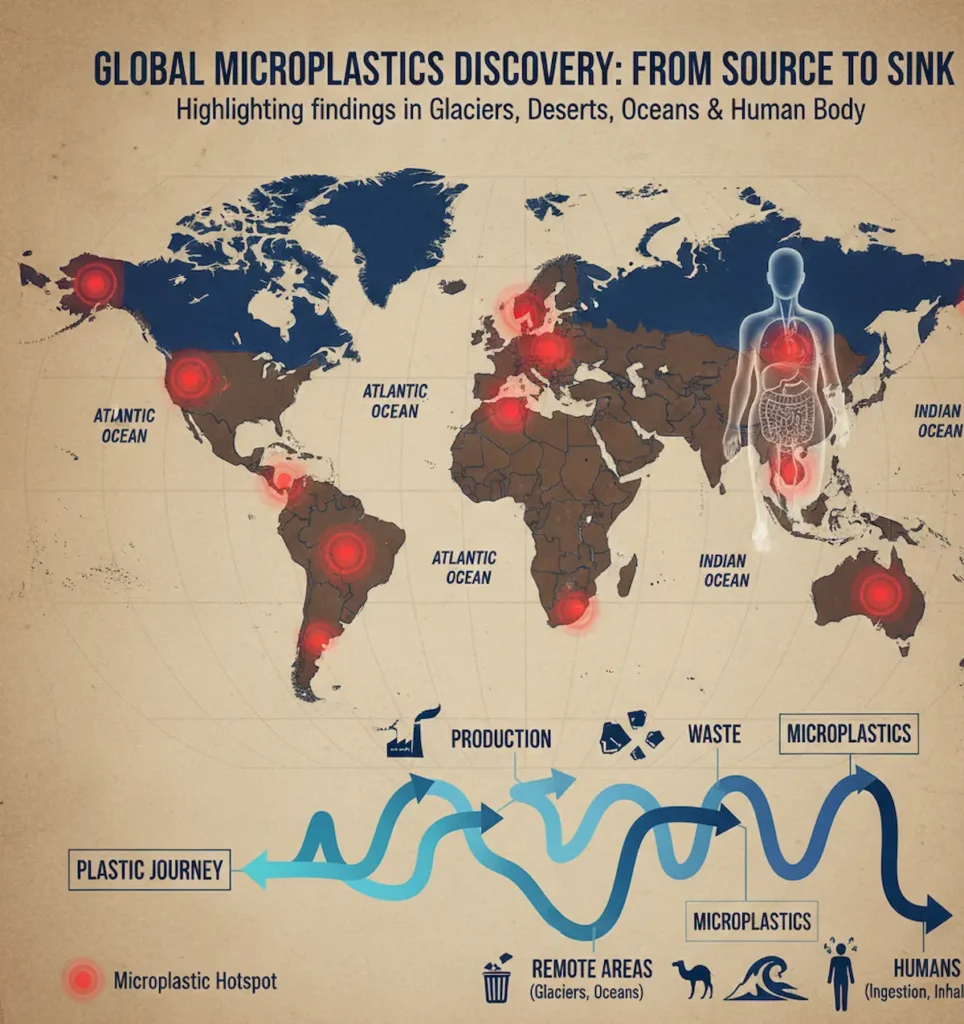 World map illustrating how microplastic pollution in remote areas spreads.