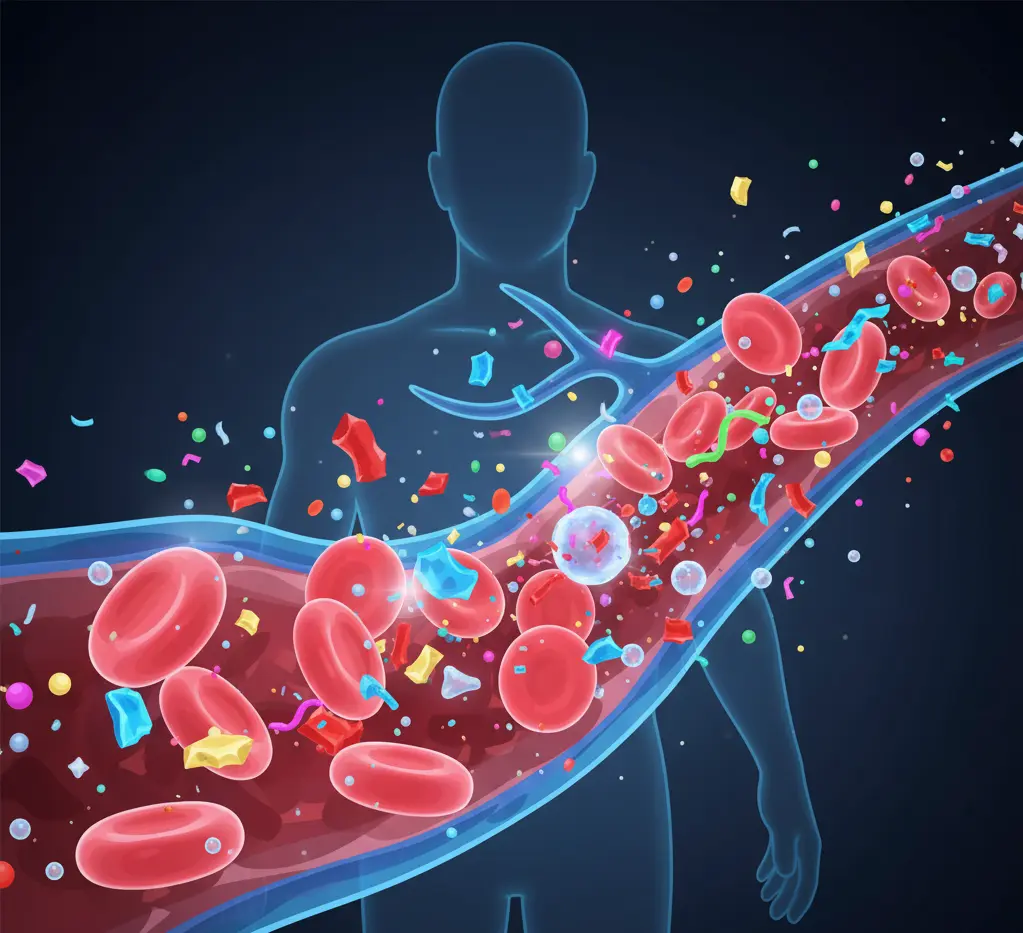 3D illustration of microplastics traveling in human bloodstream.