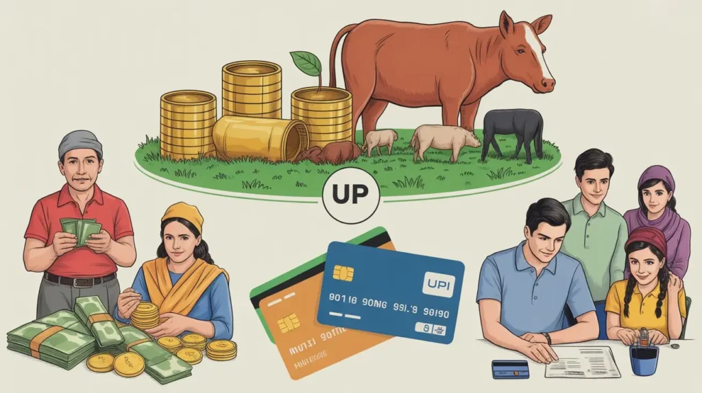 Collage showing gold, livestock, vs mutual funds and credit cards of urban vs rural India financial behavior.