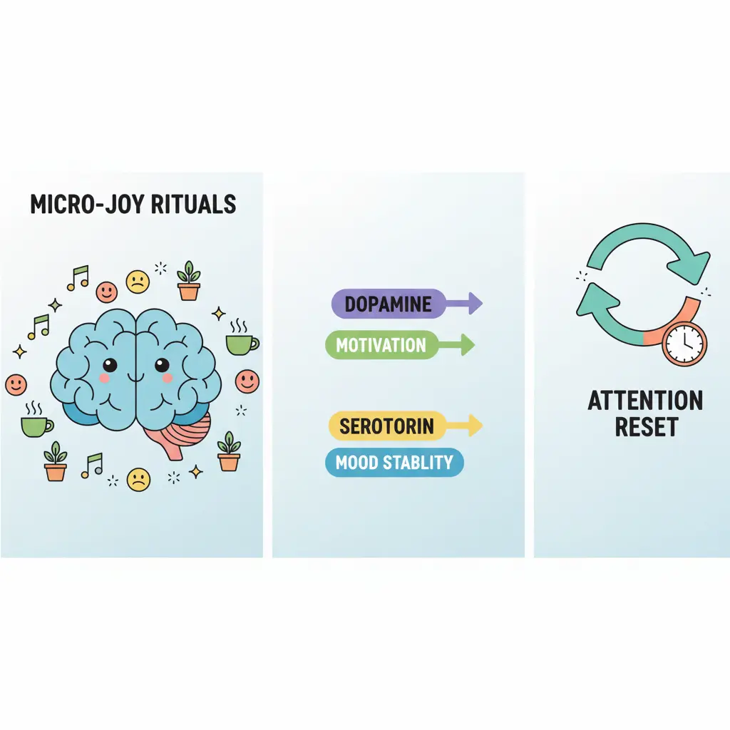 Illustration of brain chemicals like dopamine and serotonin explaining micro-joys and happiness.
