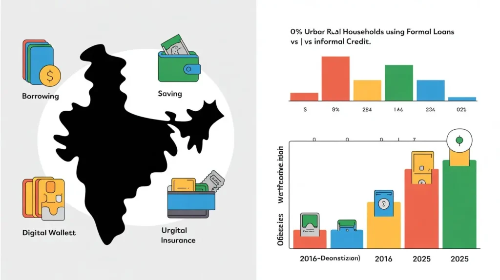 Bar chart: % of urban vs rural households using formal loans vs informal credit.