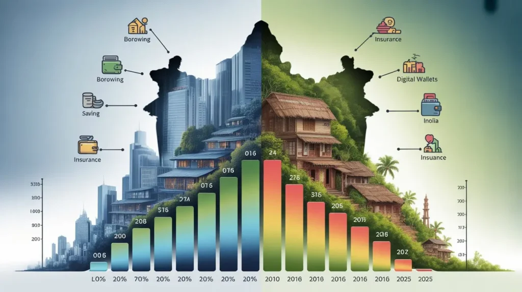 Urban vs Rural India with icons for borrowing, saving, digital wallets, insurance.