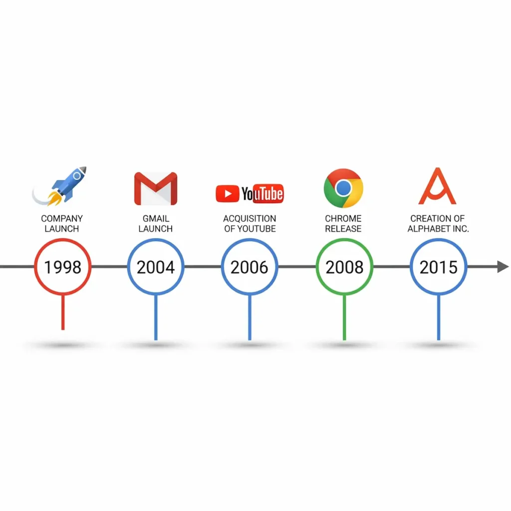 Infographic showing year-by-year milestones (1998 launch, 2004 Gmail, 2006 YouTube, 2008 Chrome, 2015 Alphabet).