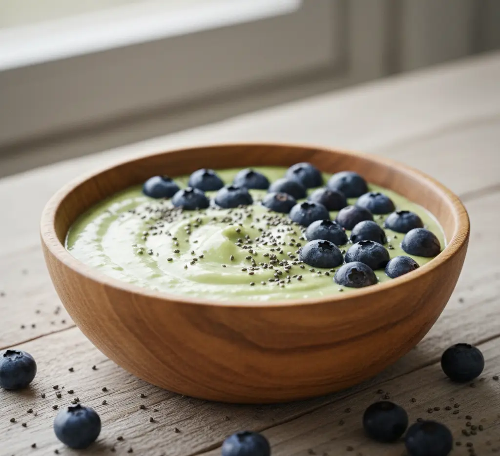 Avocado bowl with blueberries for glowing skin