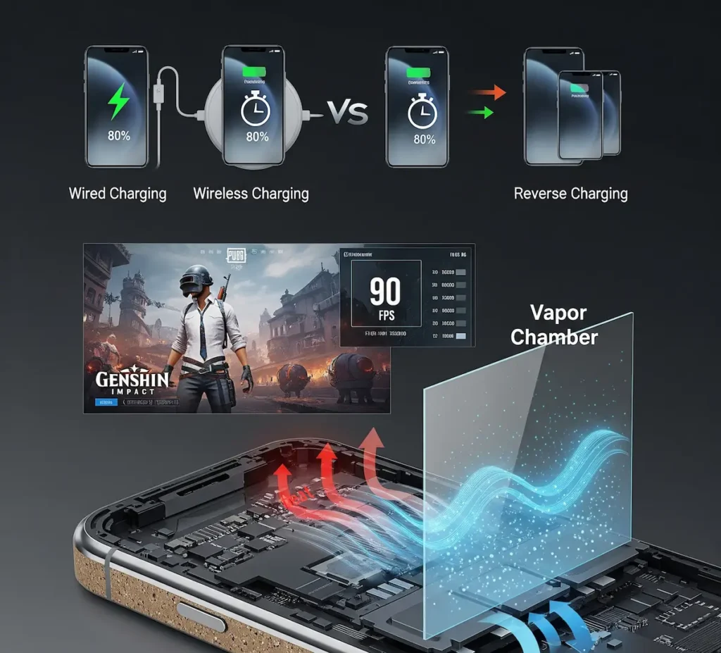 Fast charging demo graphic: wired vs wireless vs reverse.