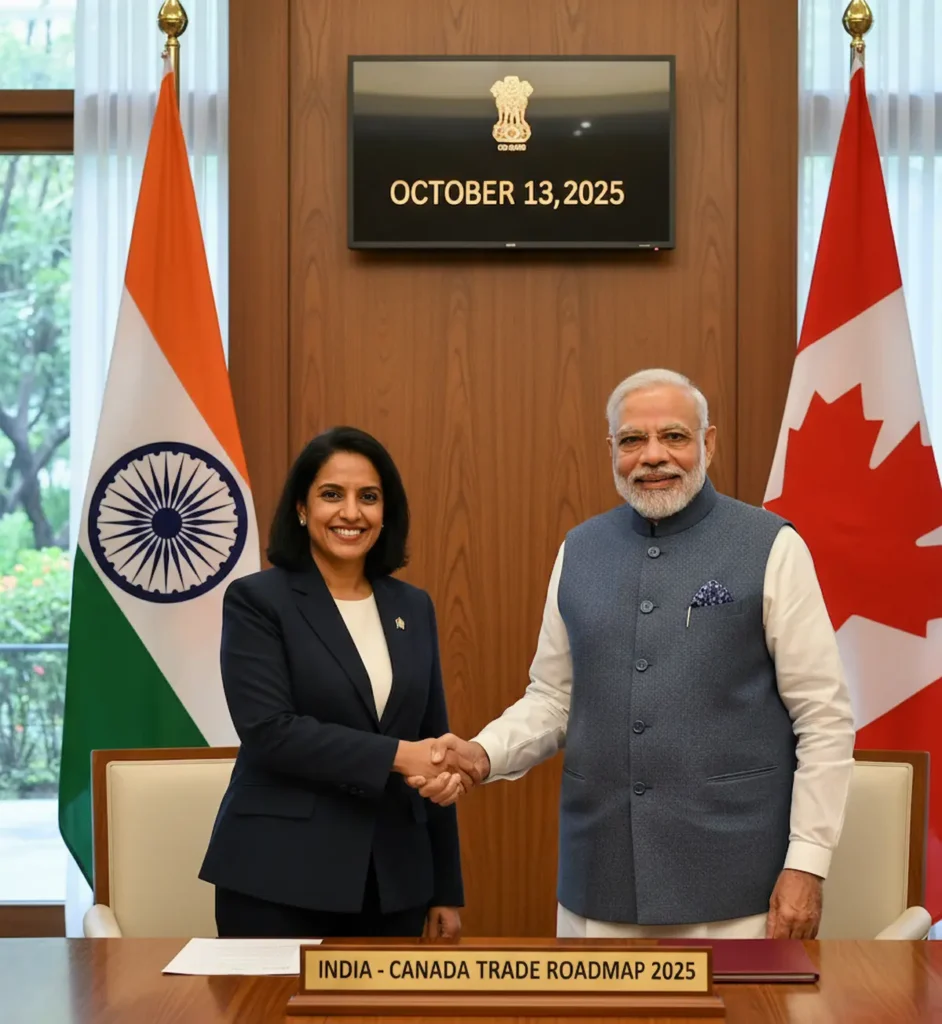 Anita Anand meets Prime Minister Narendra Modi in New Delhi to announce India-Canada Trade Roadmap 2025.