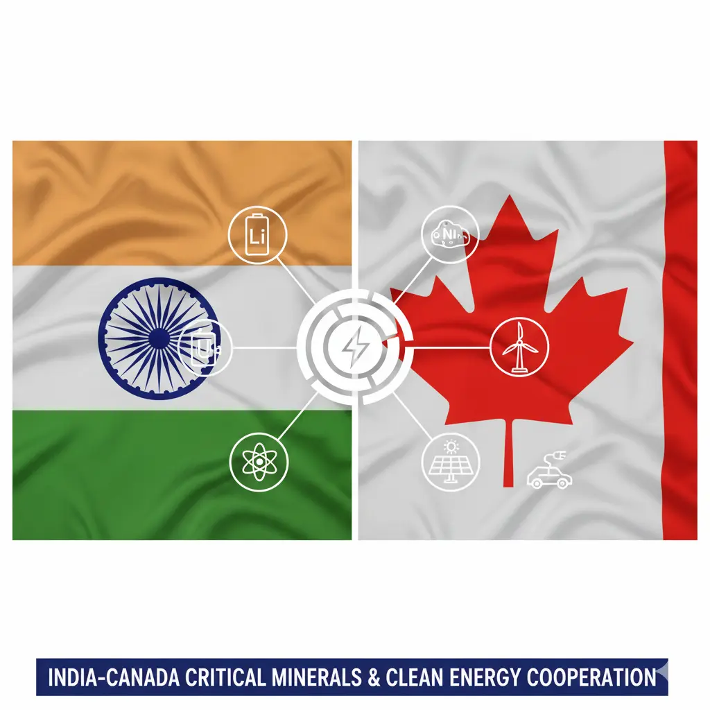 Infographic showing India-Canada cooperation on critical minerals and clean energy under the 2025 trade roadmap